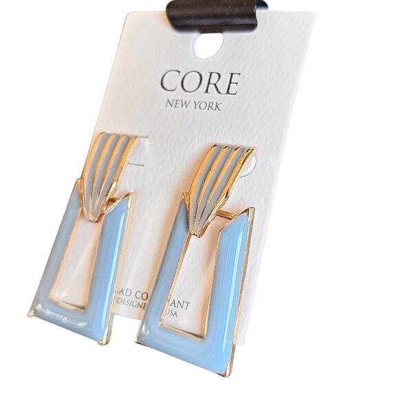 Statement Geometric Drop Earrings Gold Blue Enamel Modern 1.6" Dangle New CORE - Picture 2 of 8